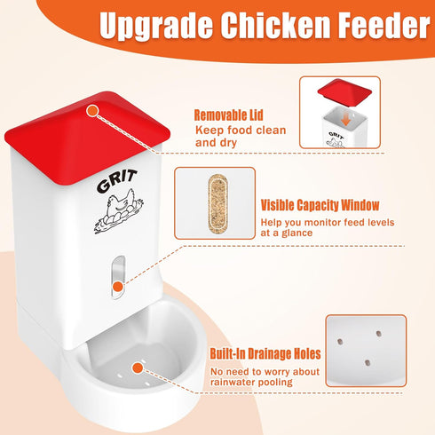 2 Pack Chicken Grit and Oyster Shell Feeder, Automatic PVC Chicken Feeder with Visual Window and Lid, Hanging Chicken