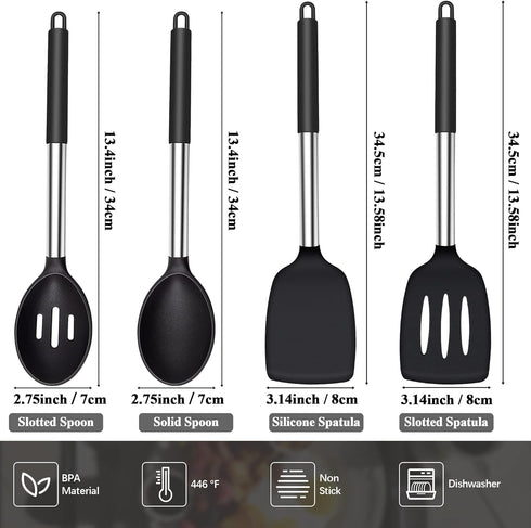 Silicone Spatula Spoon Set, 4 Pack - Solid Turner, Slotted Spatula, and Kitchen Spoons for Cooking and Baking