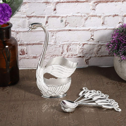 Decorative Swan Base Holder for Coffee Spoons, Metal Teaspoon and Dessert Flatware, Silvery White
