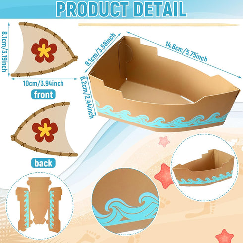 Jingmore 24 Set Pcs Theme Party Decorations Disposable Paper Food Serving Tray Boats Tray with Bamboo Sticks
