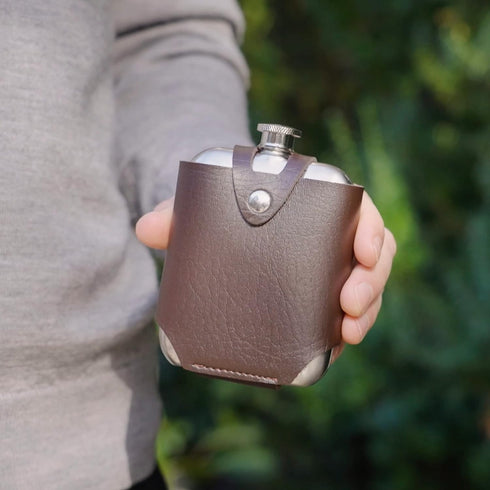 Viski Stainless Steel Flask with Traveling Case, Leather Wrap, 5oz, Brown