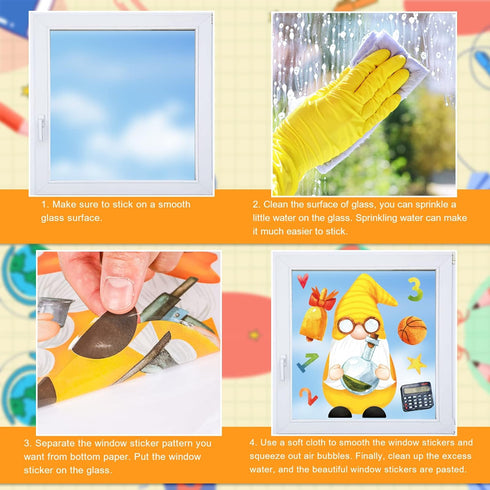 Whaline 9 Sheet Back to School Window Clings, Gnome Pencil Book Globe Decals for Classroom Glass Mirror Decoration