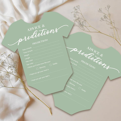 50 (Set 50) Baby Shower Advice & Prediction Cards - For Guests - Green Onesie Double Sided Advice + Predictions Cards