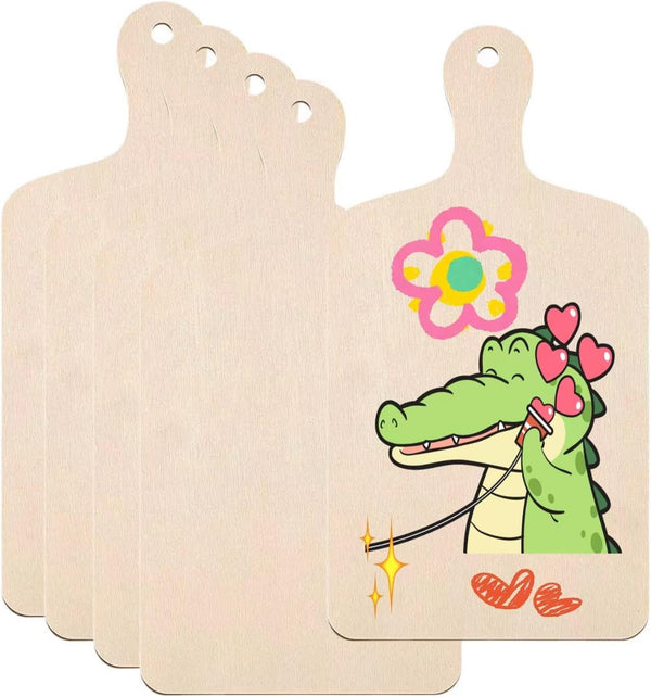 5 Pack Unfinished Wood Cutting Board, 11.8"L x 6.3"W, Wooden Paddle Cheese Bread Board Set for Craft