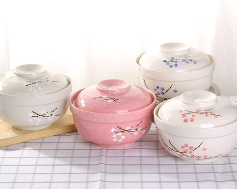 WHJY Japanese Creative Hand-painted Ceramic Tableware with Lid for Soup and Noodles, Heat Preservation Function, Blue