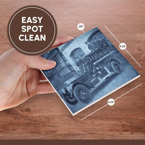 3dRose Early 1900S Pumper Fire Truck and Firemen Cyan-Ceramic Tile Coasters, Set of 4