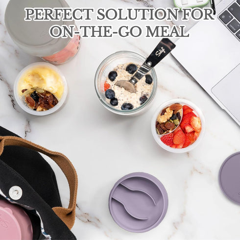 16oz (2 Set-Smoke SOLIGT Overnight Oats Containers with Lids, Folding Spoons and Divided Compartment for Fruit & Nuts