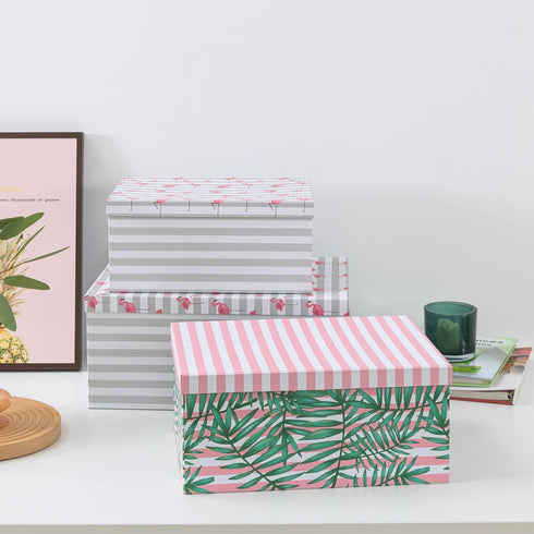 SLPR Decorative Cardboard Storage Boxes with Lids - Set of 3: Pink Flamingo Paperboard Nesting Gift Boxes, Palm Leaves