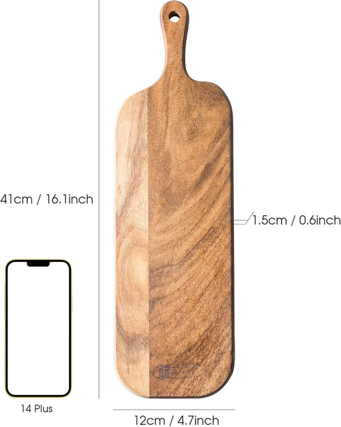 Acacia Wood Cutting Board with Handle, 16.1x4.7x0.6 Inch, Long Wooden Cheese Board for Food, Bread, Fruit, Charcuterie