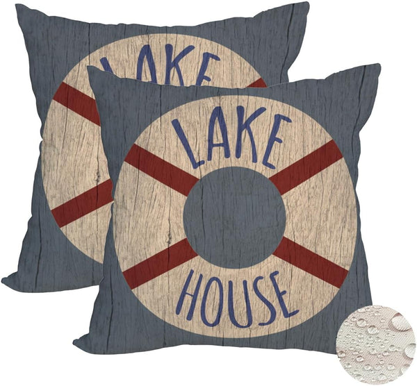 2 Waterproof Outdoor Lake House Pillow Covers 20x20 Inch Vintage Summer Nautical Life Buoy Throw Pillow Cases, Double