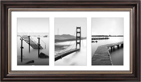 Space Art Deco 7x14 Collage Picture Frame with 3 Openings for Three 4x6 Photos or 7x14 Prints, Dark Brown/Ornate Gold