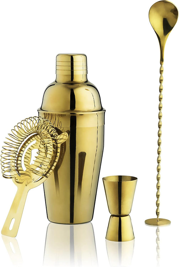 True 4-Piece Cocktail Shaker Set, Gold Includes Cobbler Shaker, Strainer, Jigger, Bar Spoon