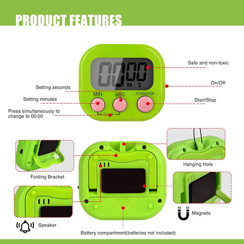 Saooumean 6 Pack Countdown Multi-Function Electronic Timer, Colorful Kitchen Timers Digital Magnetic, Timer, Big LCD