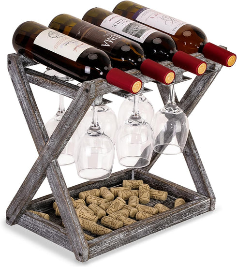 WDSHIYI Rustic Wood Wine Rack for 4 Bottles and 6 Stemware Glass Holder-