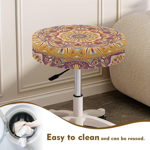 Lotusorchid 2 Boho Stool Covers Round, Mandala Flower Piece Bar Stool Cover Elastic Stool Cushion Cover, Washable Stool