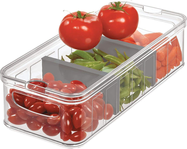 iDesign Recycled Plastic Crisp Large Divided Fruit and Vegetable Storage, 14.82" x 6.32" x 3.76" with Easy Grip Handles