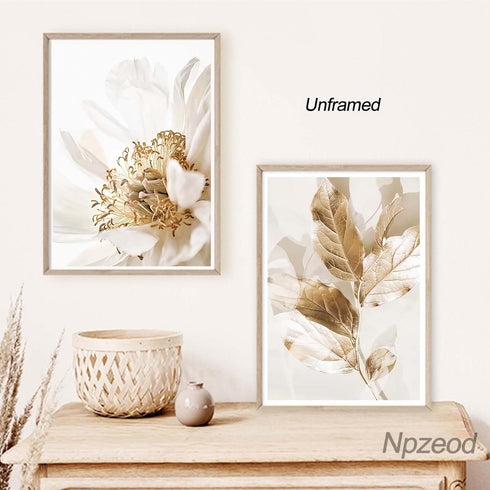 Abstract Golden White Flower Leaves Wall Art Posters, Modern Plant Landscape Canvas Prints for Living Room Decor