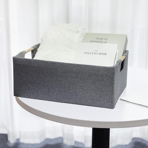 Fabric Storage Bin Box, Foldable Cotton Linen Basket with Wooden Handles, Gray, Medium for Laundry, Clothes, Blankets