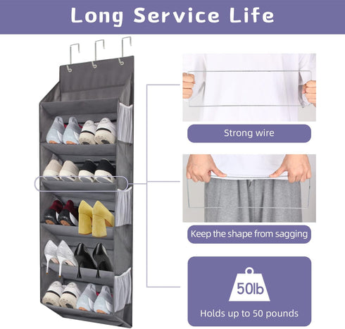 12 6 6 50lbs Closet, (1 Pack) Over the Door Shoe Rack Organizer Hanging Storage for Pairs of Shoes, Mesh Pockets + Deep