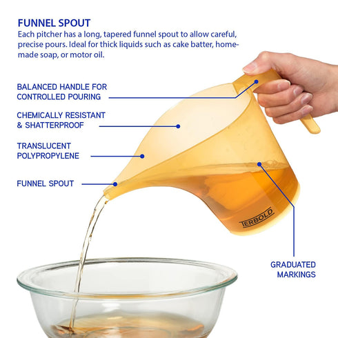 Funnel Pitcher with Spout 2pc Set, 1 Liter Plastic Measuring Pitchers for Cake and Pancake Dispenser