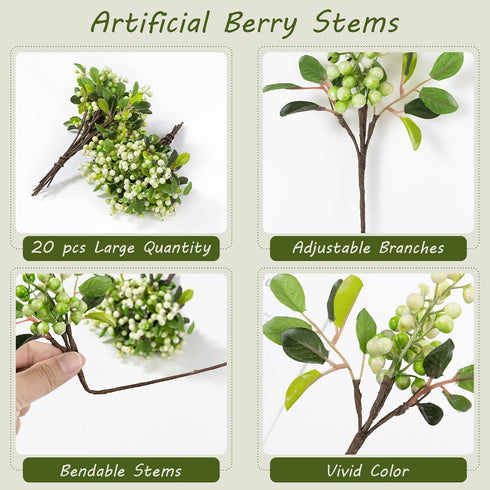 20 Pack 9.8 inch SHACOS Artificial White Berry Stems PCS Fake Berries Branches Spray with Green Leaves Small Berry
