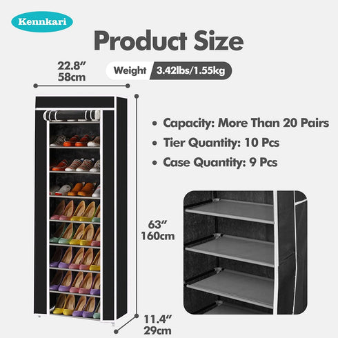 Kennkari 9 20-pair Tier Shoe Rack with Dustproof Cover, Free Standing Shoes Organizer, Narrow Shoe Storage Rack