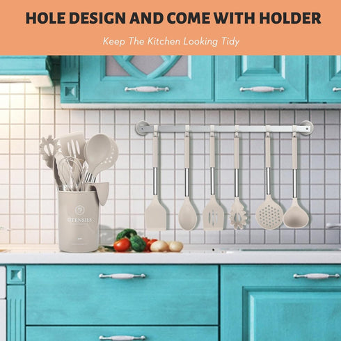 Kitchen Utensils Set 28 pcs, Hvygss Silicone Cooking Utensils with Stainless Steel Handle, Khaki