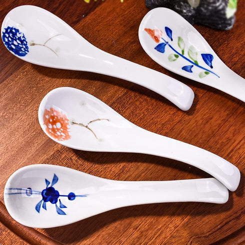 Japanese Ceramic Soup Spoons, 4 Pieces Porcelain Spoons for Ramen Noodle Oat