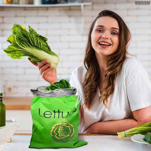 3-Layer 13.37x11 Lettuce Keeper for Refrigerator Reusable Produce Storage Bags with Foil Lining and Drawstring |