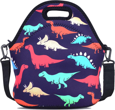 Violet Mist Neoprene Lunch Bag | Reusable Insulated Box with Adjustable Shoulder Strap for Men and Women, Dinosaur 2