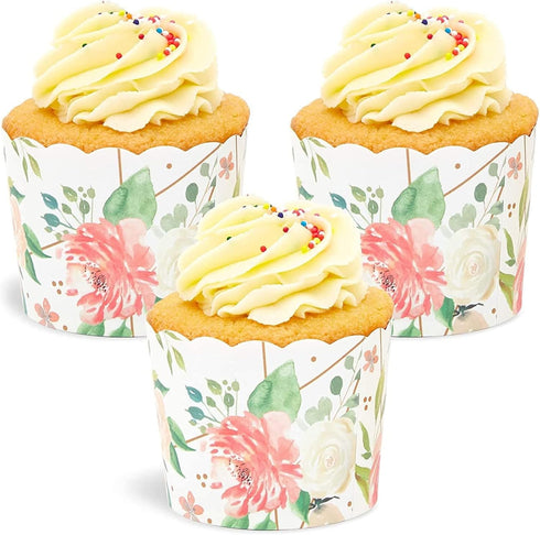 Sparkle and Bash 50 Pack Floral Cupcake Wrappers, Watercolor Flower Paper Baking Cups for Parties