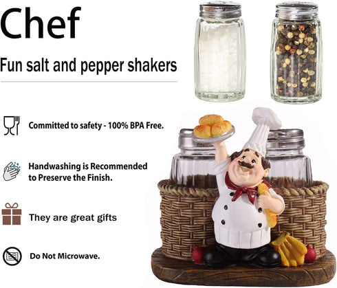 Salt and Pepper Shakers Set, Sitting Chef Decorative Statue Spice Organizer, Glass Spice Jars with Holder Gift for