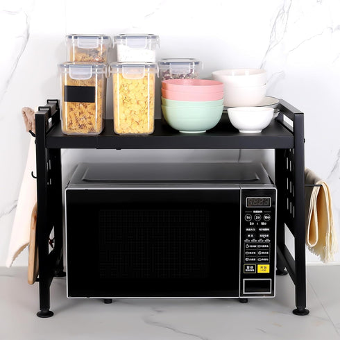 Extendable 2 Tier Microwave Oven Rack - Adjustable Shelf for Kitchen Countertop with 4 Hooks and Pot Lid Support