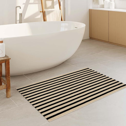 Black and Tan Outdoor Rug 24"x35", Washable Reversible Striped Door Mat, Hand-Woven Farmhouse Throw Rug