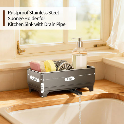 360 Counter MOUKABAL Sponge Holder for Kitchen Sink Rustproof Stainless Steel, Rotating Drain Pipe, Large Organizer