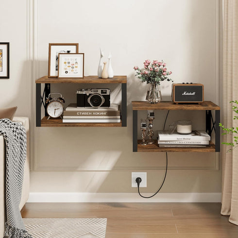 2 Homode Floating Nightstand, Wood Floating Bedside Table with Cable Hole, Tier Wall Mounted Nightstand, Hanging Night