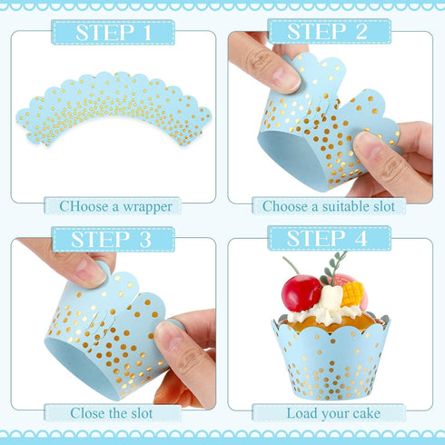 Zhehao 60 Pcs Gold Polka Dots Cupcake Wrappers, Adjustable Paper Baking Cups, Disposable Muffin Liners, Light Blue