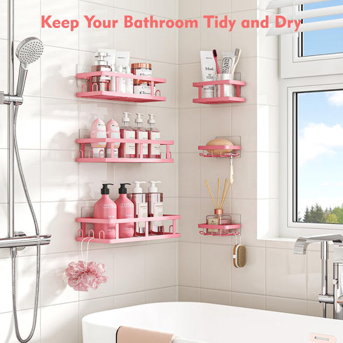 6 Pack Youvip Shower Caddy, Adhesive Shower Shelves with Soap Holder, No Drilling Rustproof Large Capacity pink