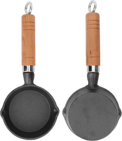 Fdit 10CM Casting Iron Frying Pan, Wood Handle Egg Skillet, Mini Flat Bottomed Pancake Pan