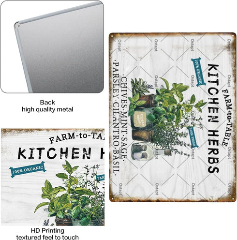 Kitchen Herbs Farm To Table 100% Organic Vintage Metal Tin Sign, Funny Garden Poster 8x12 Inch