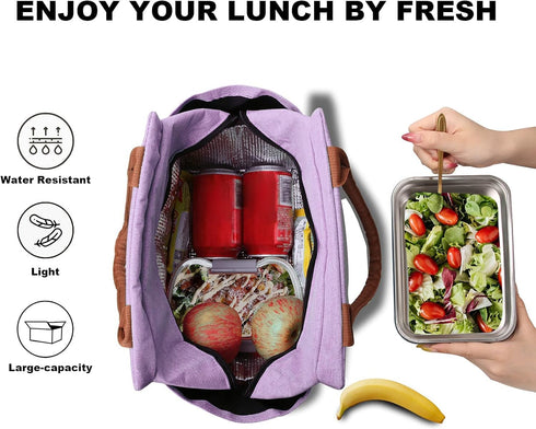 Joymee Insulated Lunch Bag for Women, Reusable Leakproof Cooler Tote with Bottle Holder and Side Pockets