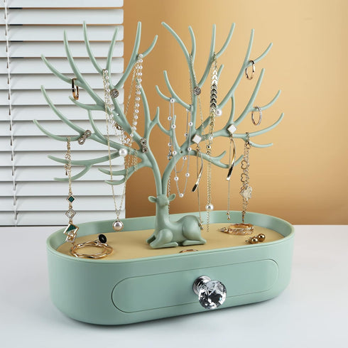 MORE&LESS Antlers Jewelry Display Stand with Drawer, Tree Tower Rack Organizer for Rings, Earrings, Necklaces, Bracelets