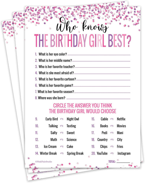 15 Who Knows The Birthday Girl Best Game Cards, Fun Activity for Child or Teen Birthday Party