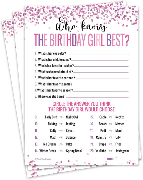 30 Who Knows The Birthday Girl Best Game Cards for Child or Teen Party Supplies