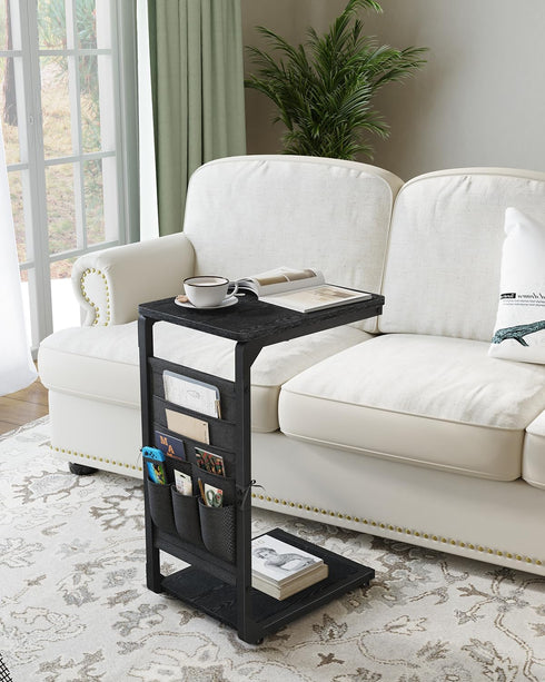 Vovonusy ET-P-BK1 Wood Pedestal Small TV Trays for Eating, C Shaped End Table Storage Bag, Sofa Side Table Couch Desk