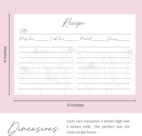 Recipe Cards 4x6 Set of 50 Floral Recipe Cards - Thick Pure White Cardstock for Bridal Showers and Weddings