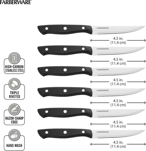 Farberware 6-Piece Triple Riveted Steak Knife Set, High-Carbon Stainless Steel, Razor-Sharp Fine Edge Blades, Black