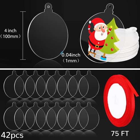 42 Pieces Round Acrylic Christmas Ornaments with Red Ribbon, DIY Blank Transparent Circle Discs for Decoration