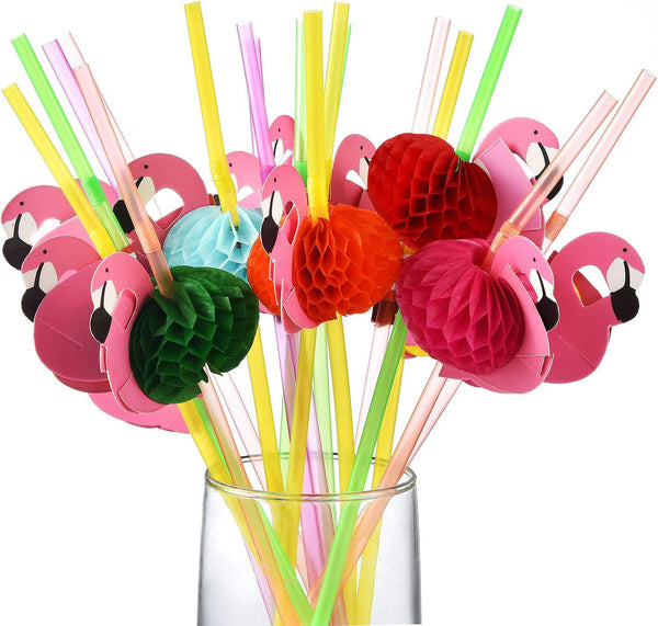 ALINK 50 Flamingo Straws, Plastic Drinking Straws for Tropical Luau Party Supplies, Hawaiian, Birthday, Pool Party
