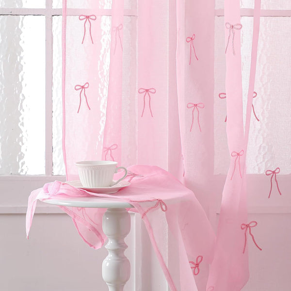 Tegeme 2 Panels Pink Bow Sheer Curtains 84 Inches Long Embroidered Voile Curtains